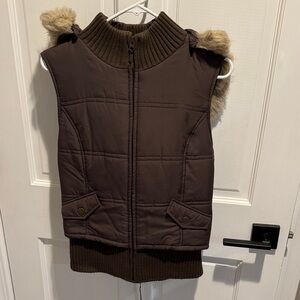 Brown Women's Vest with Faux Fur Trim